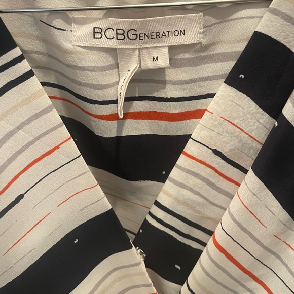 BCBGENERATION Galaxy Combo: Asymmetrical Hemline, Striped Wrap Dress - Picture 2 of 8